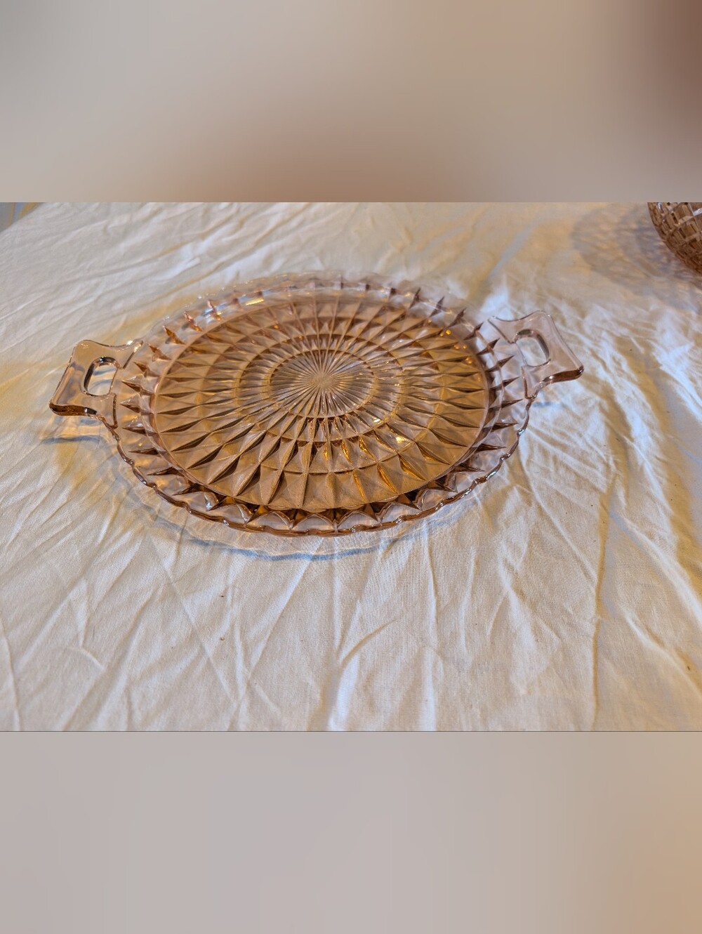 2/30$ Vintage Pink Pressed Glass Serving Platter with Handles